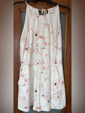Club Monaco Women’s Floral Romper Plunge Back w Tie Peach/White Elastic Waist
